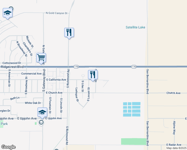 map of restaurants, bars, coffee shops, grocery stores, and more near 129 South Lumill Street in Ridgecrest