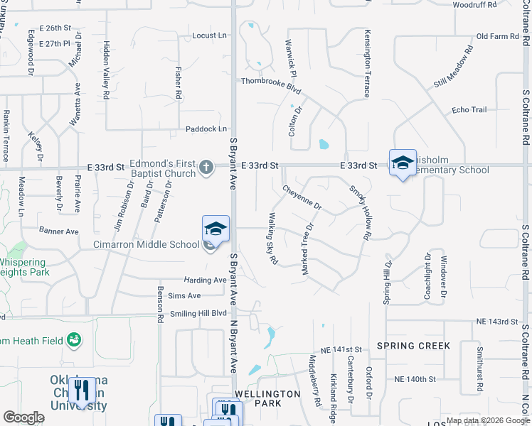 map of restaurants, bars, coffee shops, grocery stores, and more near 3413 Choctaw Drive in Edmond