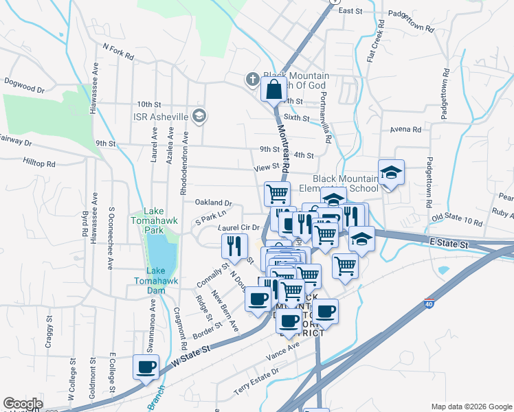 map of restaurants, bars, coffee shops, grocery stores, and more near 107 Mountain Street in Black Mountain
