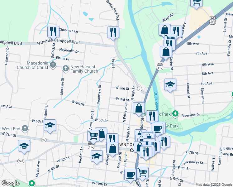 map of restaurants, bars, coffee shops, grocery stores, and more near 419 West 2nd Street in Columbia