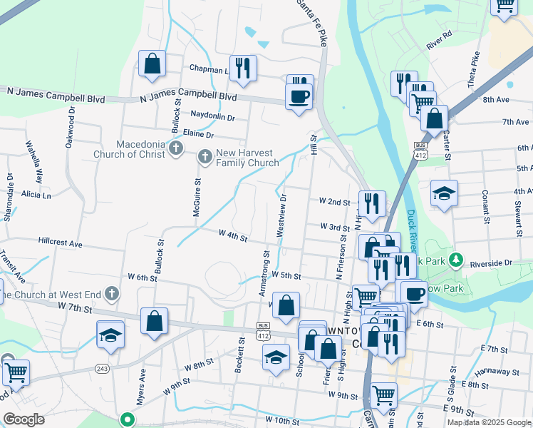 map of restaurants, bars, coffee shops, grocery stores, and more near 401 Armstrong Street in Columbia