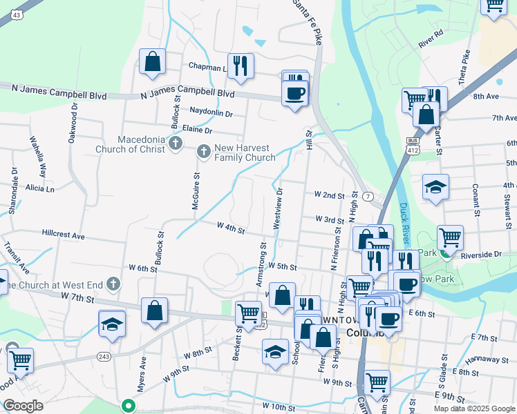map of restaurants, bars, coffee shops, grocery stores, and more near 401 Armstrong Street in Columbia