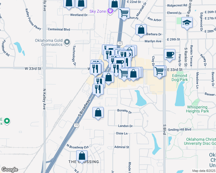 map of restaurants, bars, coffee shops, grocery stores, and more near 3410 South Broadway in Edmond