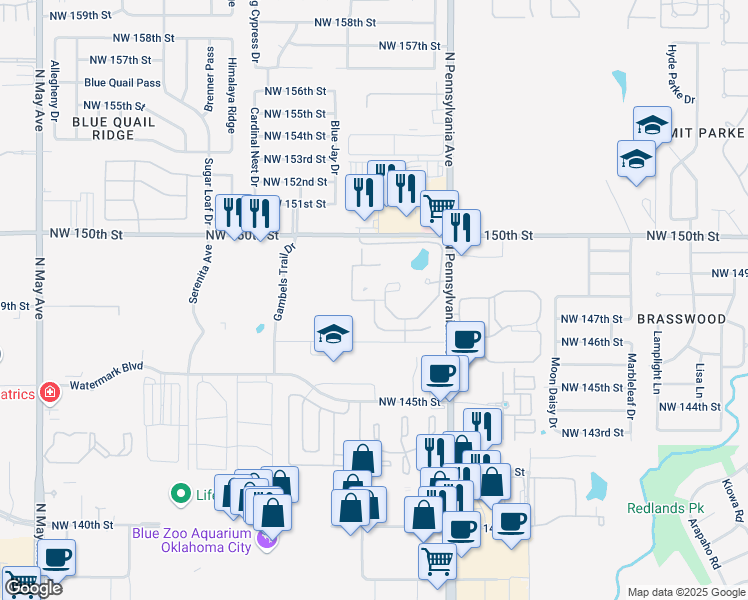 map of restaurants, bars, coffee shops, grocery stores, and more near Wesley Village Drive in Oklahoma City