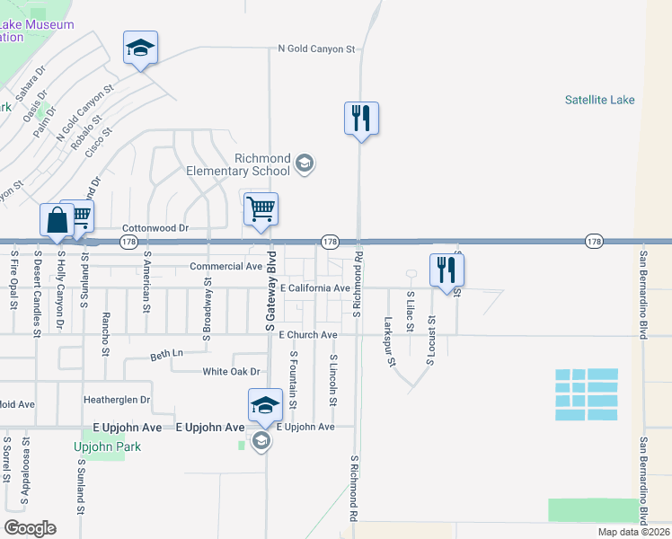map of restaurants, bars, coffee shops, grocery stores, and more near 108 South Valley Street in Ridgecrest