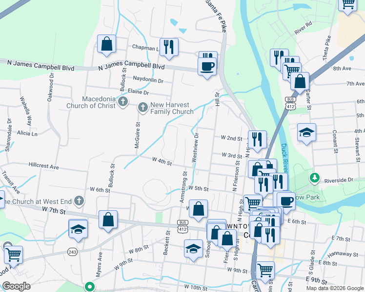 map of restaurants, bars, coffee shops, grocery stores, and more near 401 Armstrong Street in Columbia
