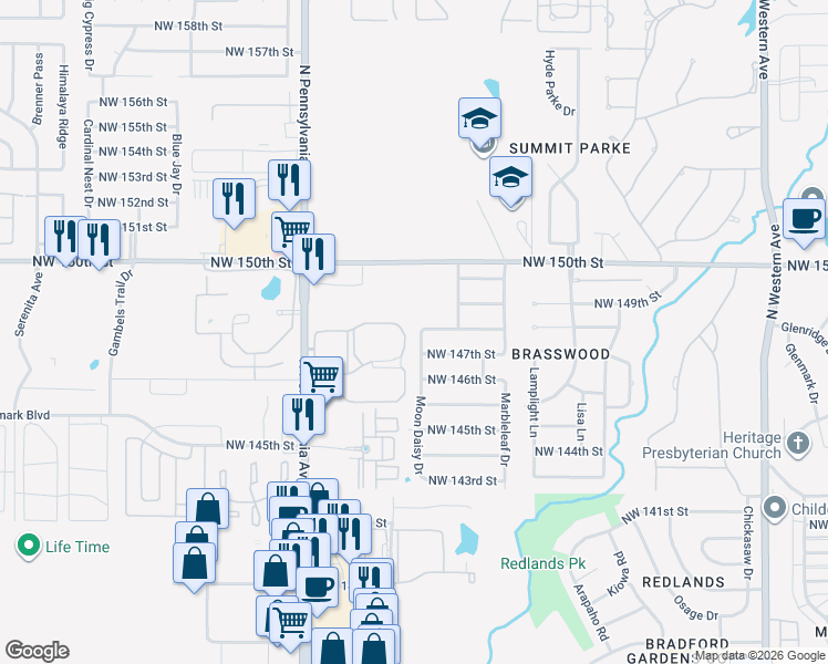 map of restaurants, bars, coffee shops, grocery stores, and more near 14817 Moon Daisy Drive in Edmond