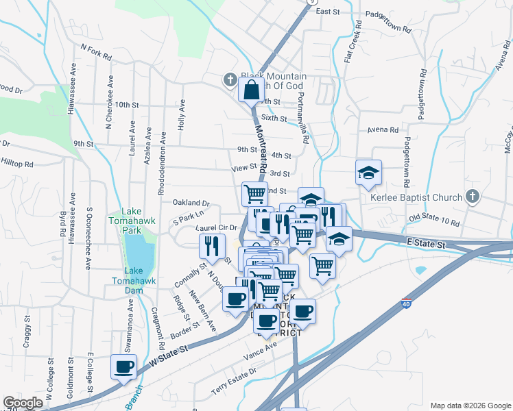 map of restaurants, bars, coffee shops, grocery stores, and more near 309 Montreat Road in Black Mountain