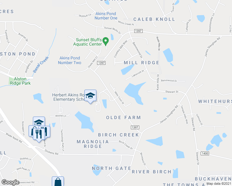 map of restaurants, bars, coffee shops, grocery stores, and more near Mills Crest Street in Fuquay Varina