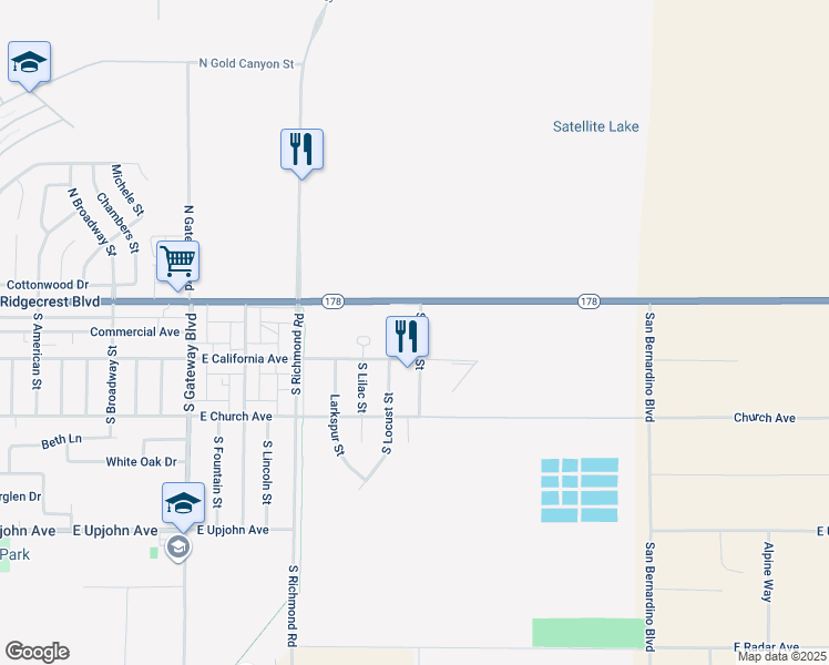 map of restaurants, bars, coffee shops, grocery stores, and more near 1249 East Ridgecrest Boulevard in Ridgecrest