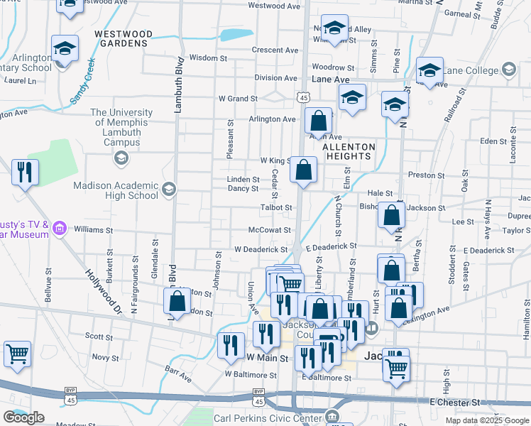 map of restaurants, bars, coffee shops, grocery stores, and more near 203 Cedar Street in Jackson