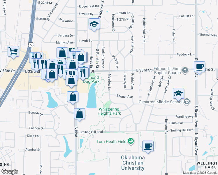 map of restaurants, bars, coffee shops, grocery stores, and more near in Edmond