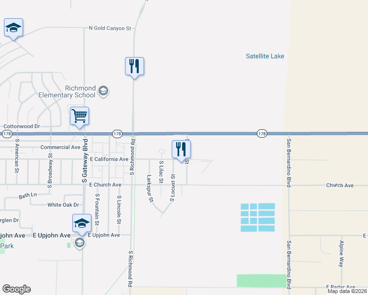 map of restaurants, bars, coffee shops, grocery stores, and more near 1249 East Ridgecrest Boulevard in Ridgecrest