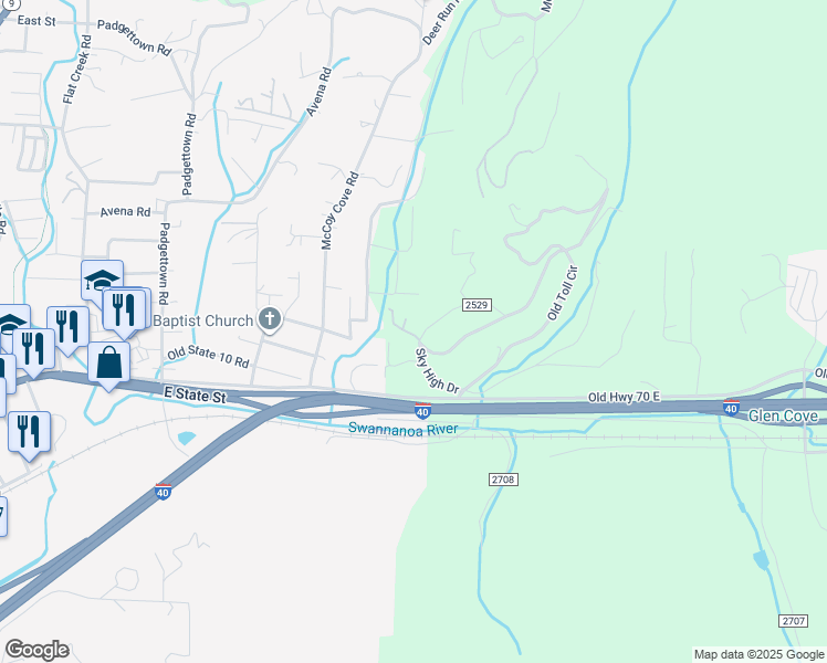 map of restaurants, bars, coffee shops, grocery stores, and more near 215 Old Toll Road in Black Mountain