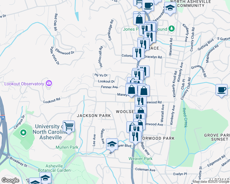 map of restaurants, bars, coffee shops, grocery stores, and more near 71 Maney Avenue in Asheville