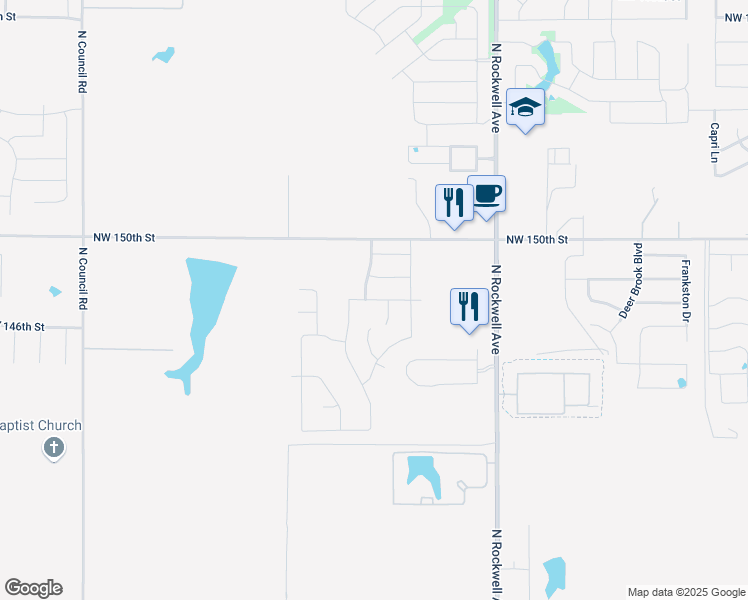 map of restaurants, bars, coffee shops, grocery stores, and more near 7324 Northwest 148th Street in Oklahoma City