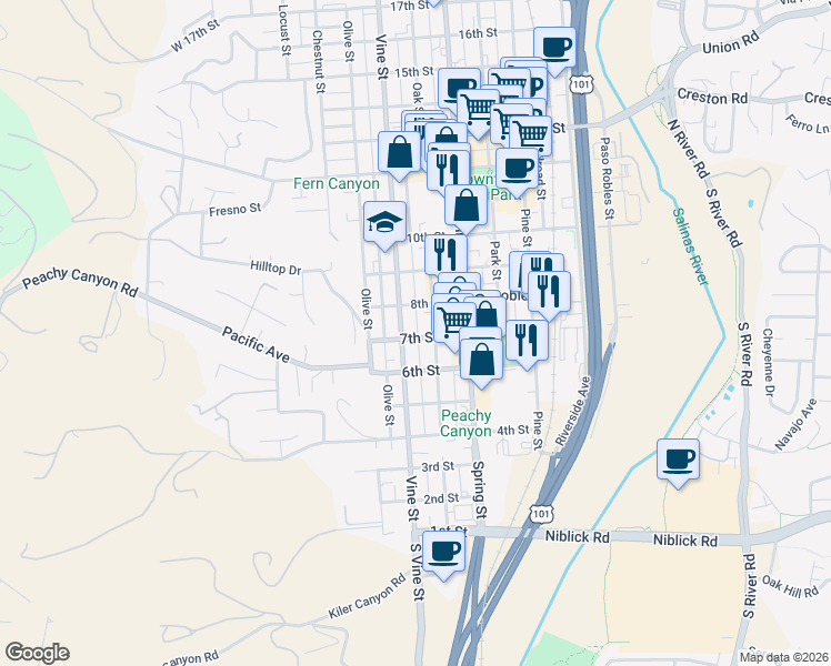 map of restaurants, bars, coffee shops, grocery stores, and more near 738 Vine Street in Paso Robles