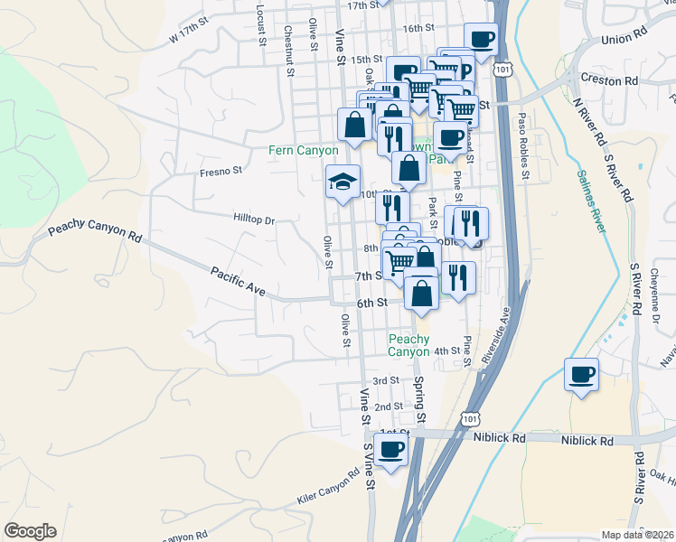 map of restaurants, bars, coffee shops, grocery stores, and more near 415 7th Street in Paso Robles