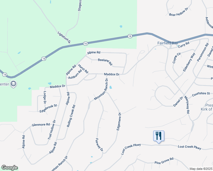 map of restaurants, bars, coffee shops, grocery stores, and more near 126 Mountain Ranch Drive in Fairfield Bay