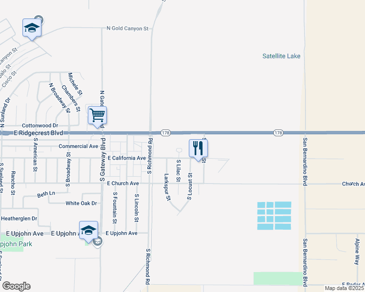 map of restaurants, bars, coffee shops, grocery stores, and more near 108 South Lilac Street in Ridgecrest