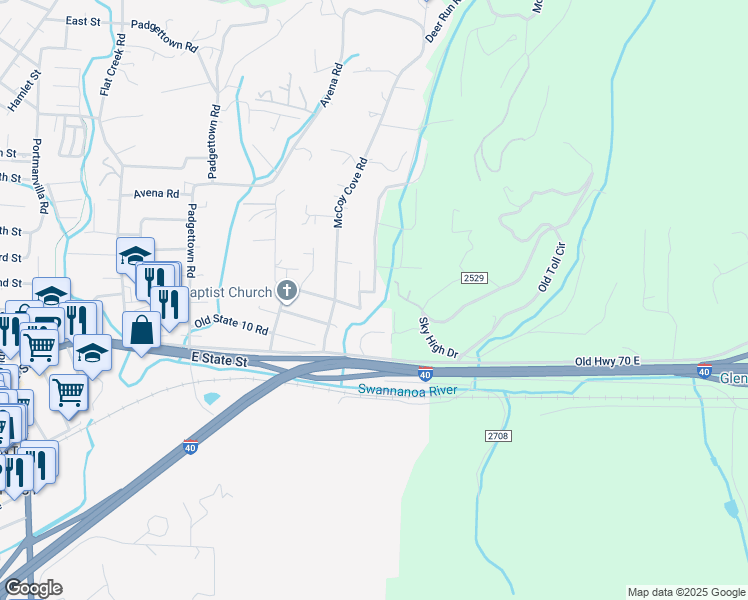 map of restaurants, bars, coffee shops, grocery stores, and more near 99999 West Brook Street in Black Mountain