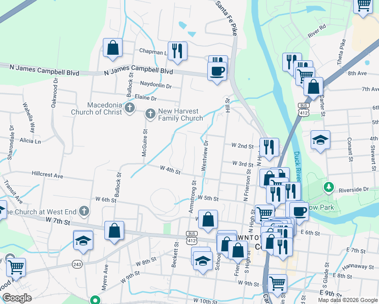 map of restaurants, bars, coffee shops, grocery stores, and more near 401 Armstrong Street in Columbia