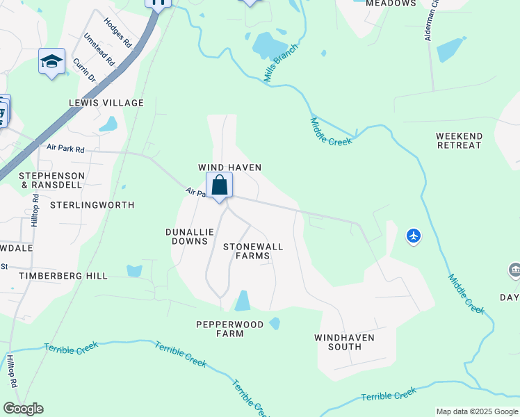 map of restaurants, bars, coffee shops, grocery stores, and more near 3445 Air Park Road in Fuquay-Varina