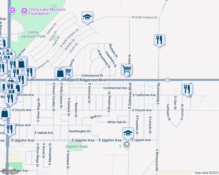 map of restaurants, bars, coffee shops, grocery stores, and more near 119 Broadway Street in Ridgecrest