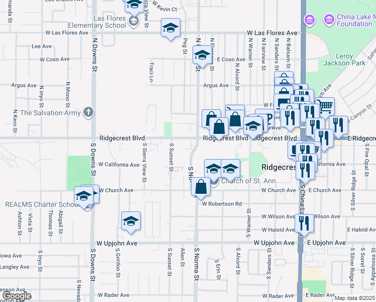 map of restaurants, bars, coffee shops, grocery stores, and more near 111 South Norma Street in Ridgecrest