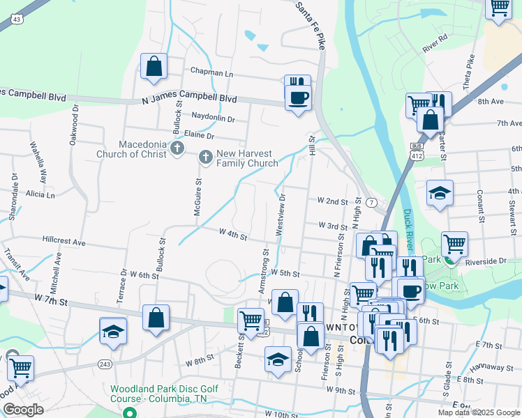 map of restaurants, bars, coffee shops, grocery stores, and more near 401 Armstrong Street in Columbia