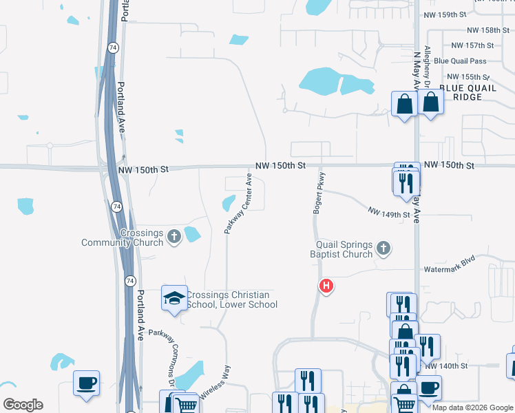 map of restaurants, bars, coffee shops, grocery stores, and more near Parkway Center Avenue in Oklahoma City