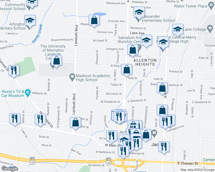 map of restaurants, bars, coffee shops, grocery stores, and more near 220 Talbot Street in Jackson