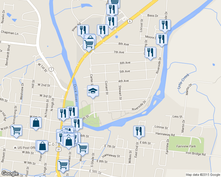map of restaurants, bars, coffee shops, grocery stores, and more near 203 3rd Avenue in Columbia