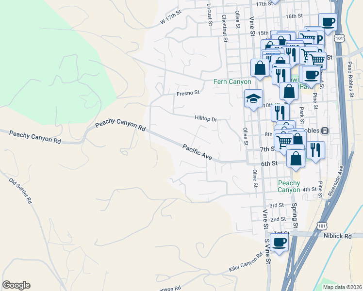 map of restaurants, bars, coffee shops, grocery stores, and more near 225 Pacific Avenue in Paso Robles