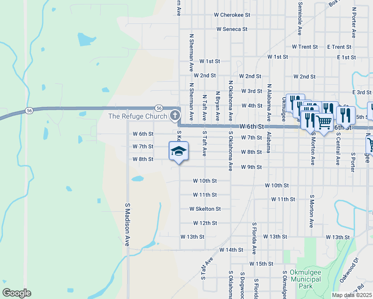 map of restaurants, bars, coffee shops, grocery stores, and more near 1107 West 8th Street in Okmulgee