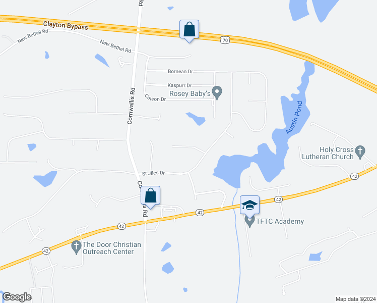 map of restaurants, bars, coffee shops, grocery stores, and more near 117 Aleah Court in Clayton