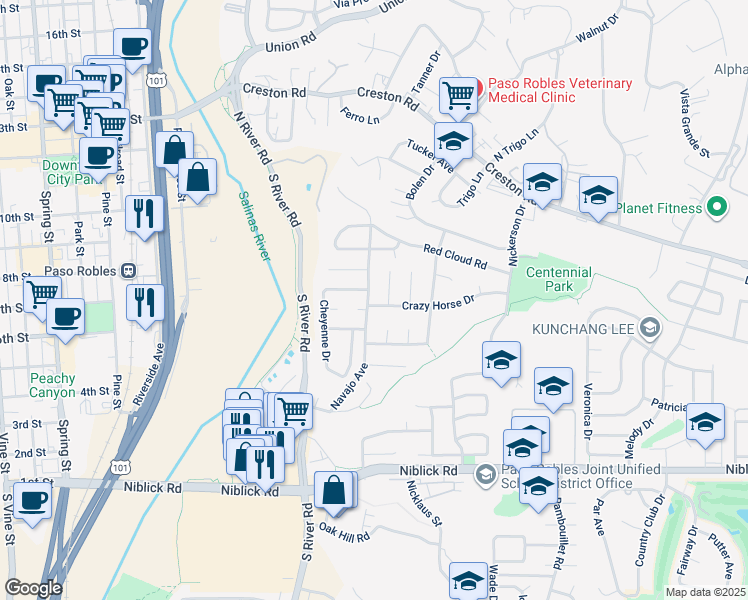 map of restaurants, bars, coffee shops, grocery stores, and more near 506 Navajo Avenue in Paso Robles