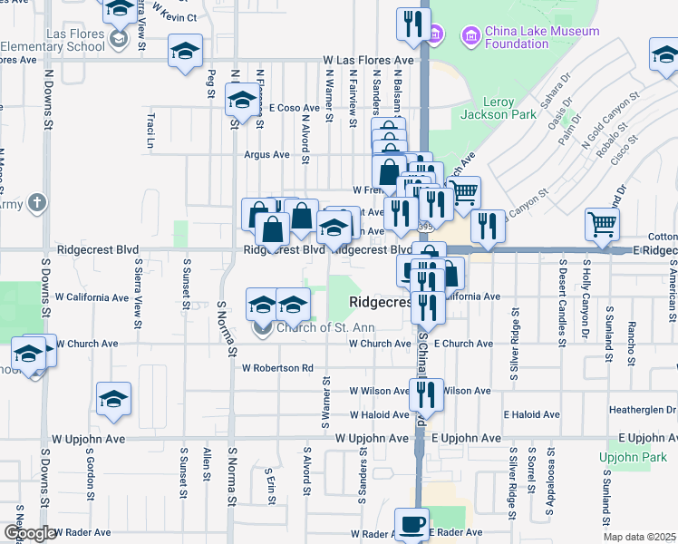 map of restaurants, bars, coffee shops, grocery stores, and more near 225 West Ridgecrest Boulevard in Ridgecrest