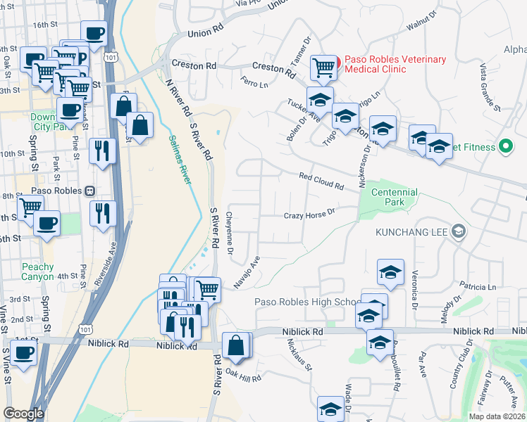 map of restaurants, bars, coffee shops, grocery stores, and more near 506 Navajo Avenue in Paso Robles