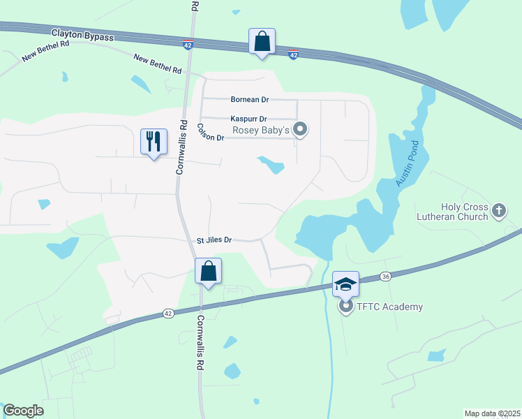 map of restaurants, bars, coffee shops, grocery stores, and more near 117 Aleah Court in Clayton