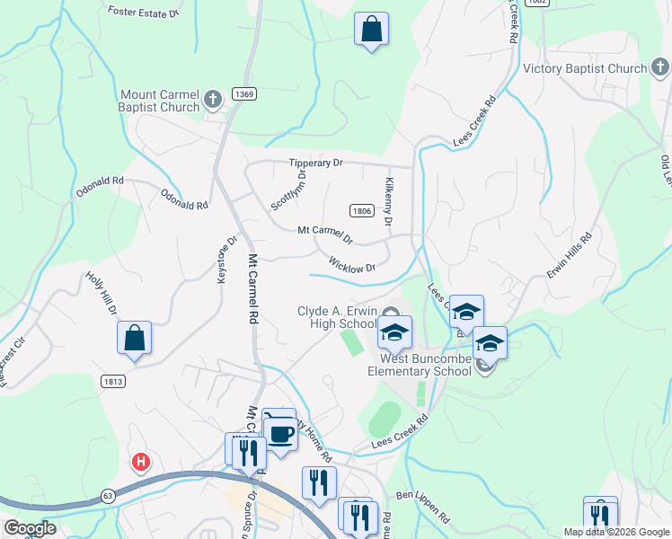 map of restaurants, bars, coffee shops, grocery stores, and more near 120 Wicklow Drive in Asheville