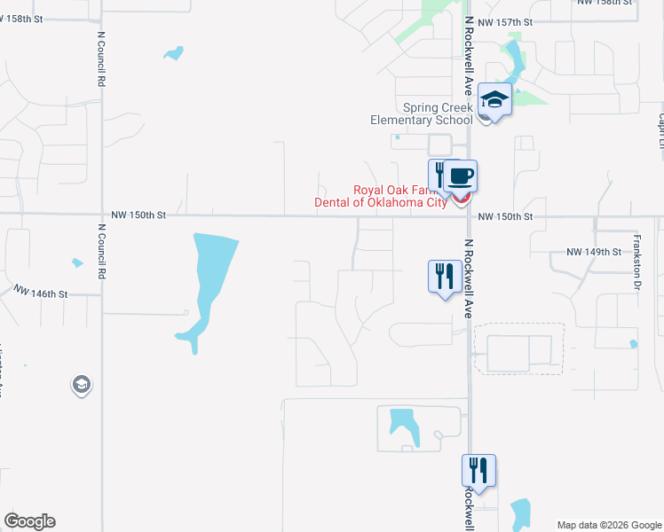map of restaurants, bars, coffee shops, grocery stores, and more near 14837 Gravity Falls Lane in Oklahoma City