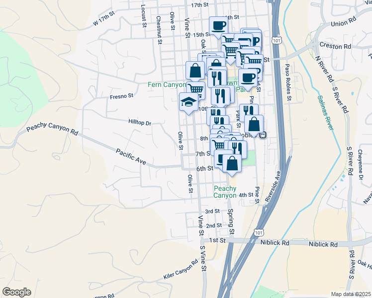 map of restaurants, bars, coffee shops, grocery stores, and more near 736 Olive Street in Paso Robles