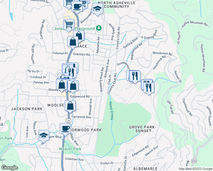 map of restaurants, bars, coffee shops, grocery stores, and more near 160 Country Club Place in Asheville
