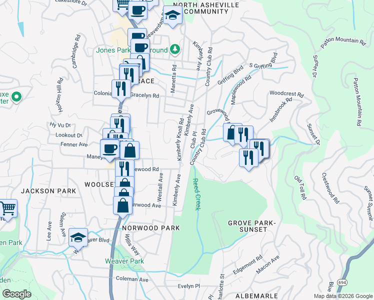 map of restaurants, bars, coffee shops, grocery stores, and more near 160 Country Club Place in Asheville