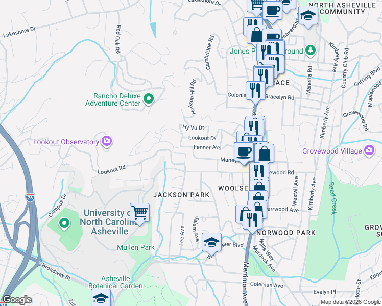 map of restaurants, bars, coffee shops, grocery stores, and more near 142 Fenner Avenue in Asheville