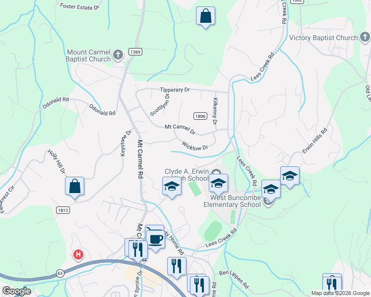 map of restaurants, bars, coffee shops, grocery stores, and more near 120 Wicklow Drive in Asheville