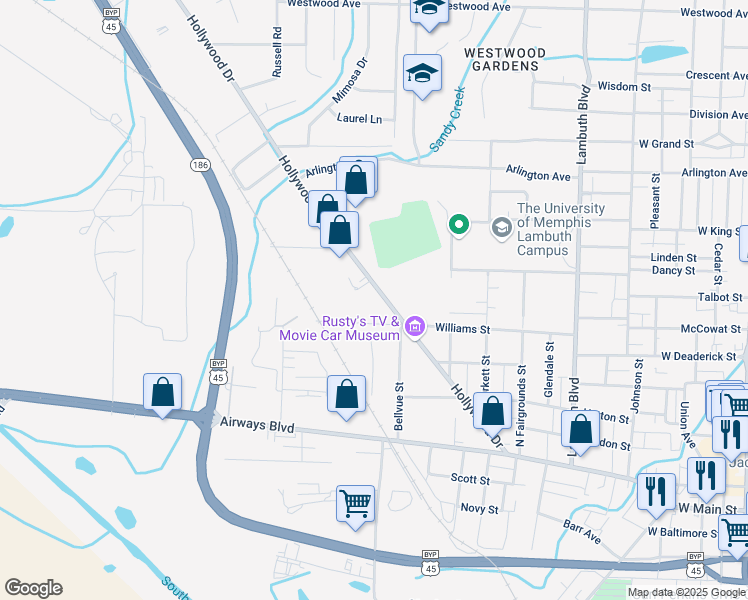map of restaurants, bars, coffee shops, grocery stores, and more near 423 Hollywood Drive in Jackson