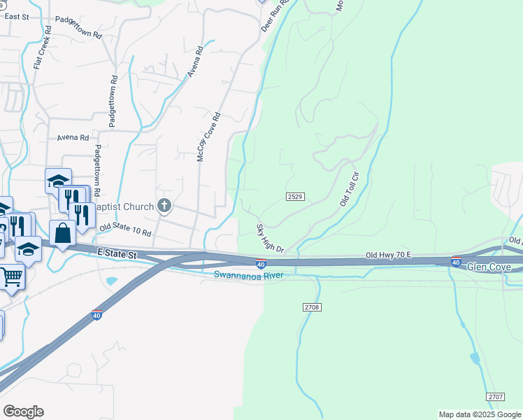 map of restaurants, bars, coffee shops, grocery stores, and more near 215 Old Toll Road in Black Mountain
