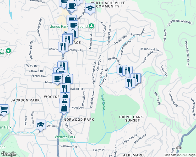 map of restaurants, bars, coffee shops, grocery stores, and more near 160 Country Club Place in Asheville